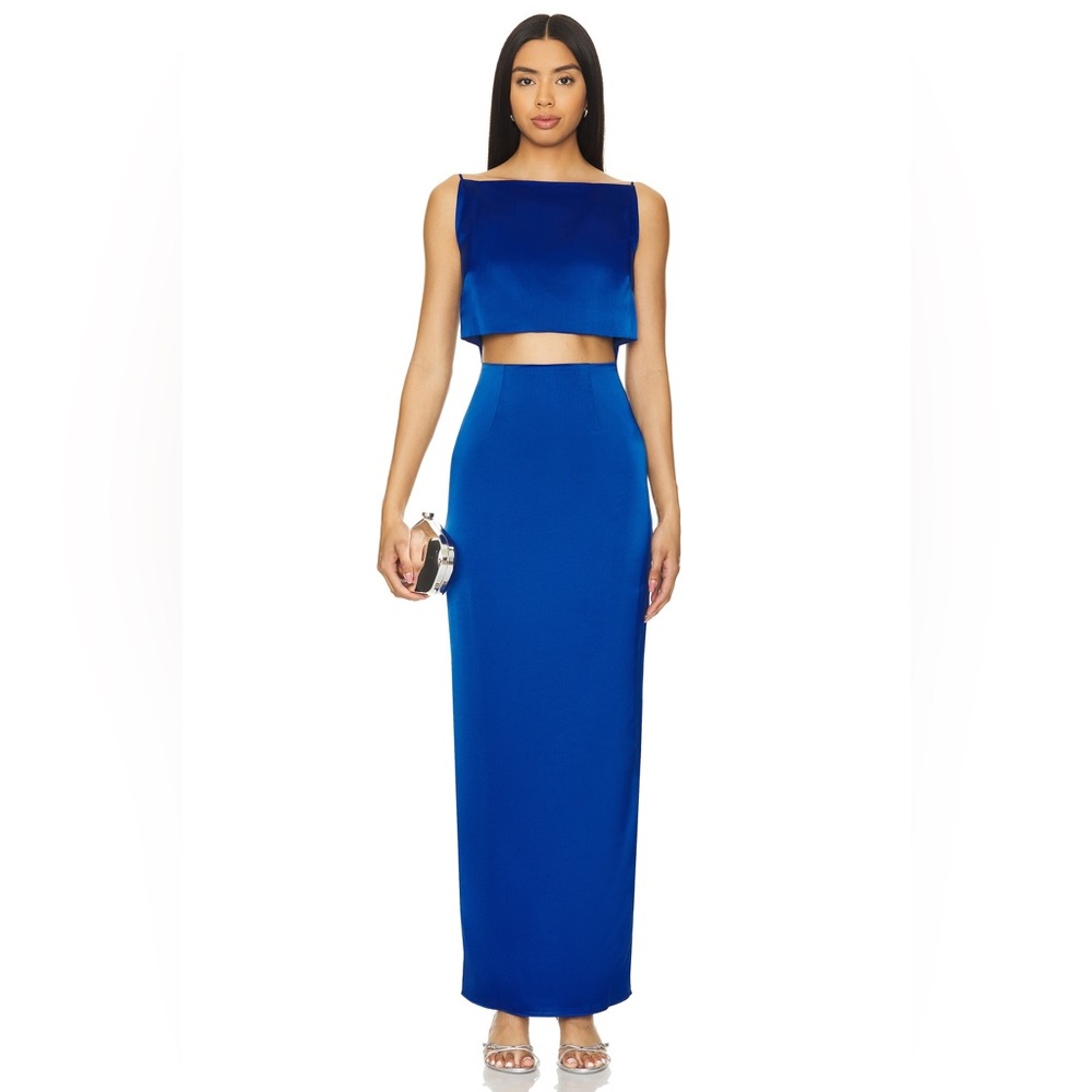 Oracle Boatneck Gown in Blue-cut out dress 
RUMER